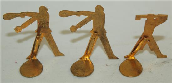 Eight German / Austrian Art Deco brass and enamel sports people menu holders, 3.8cm - 4cm